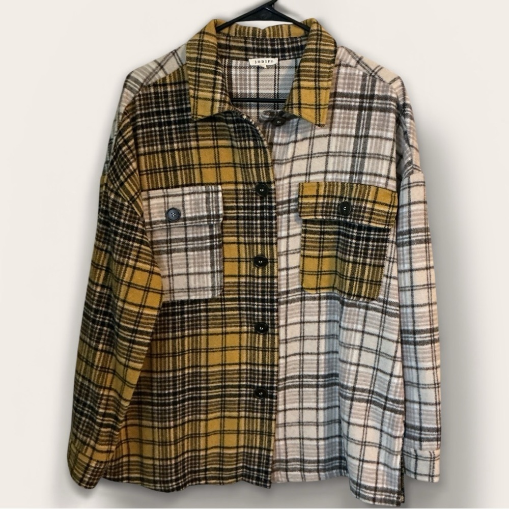 🌸JODIFL PLAID COLORBLOCK POCKET BUTTON DOWN SHIRT SHACKET